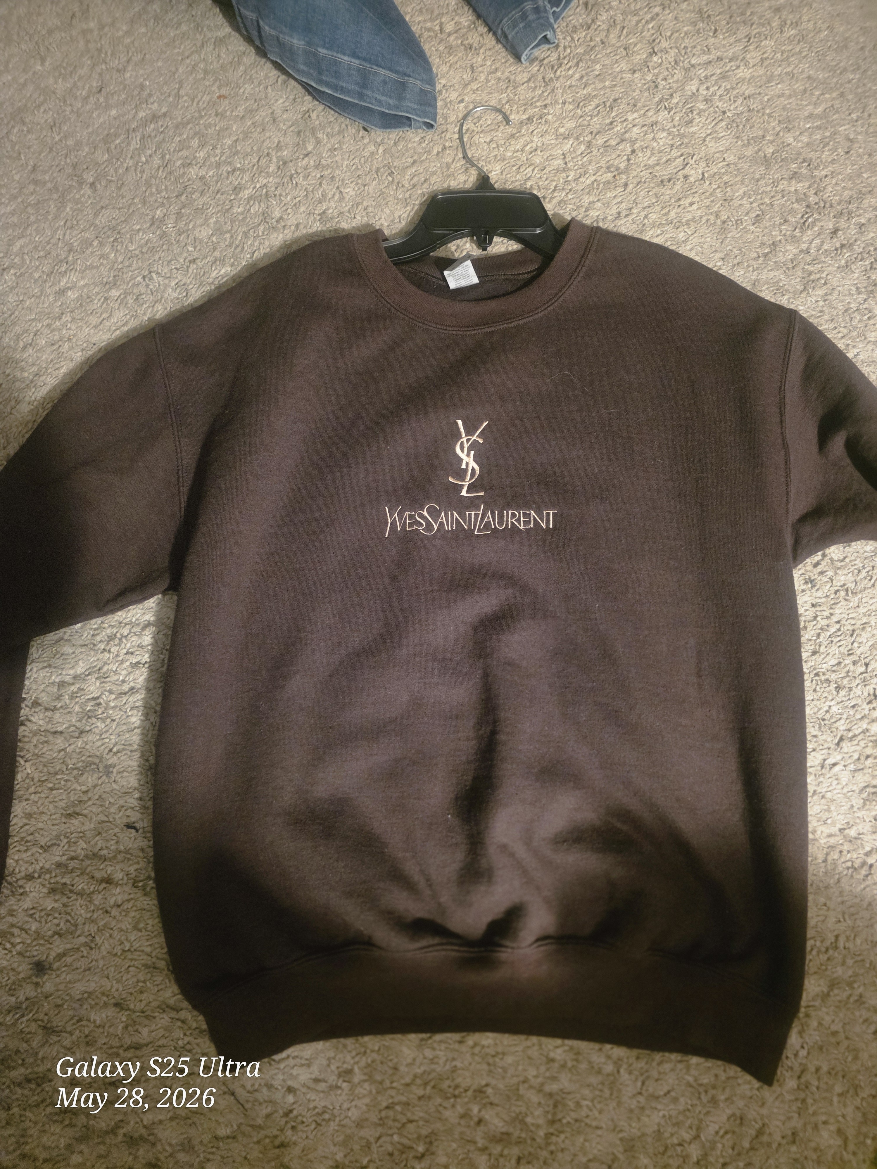 Yves Saint Laurent Dark Brown Crewneck Sweater With Embroidered Logo